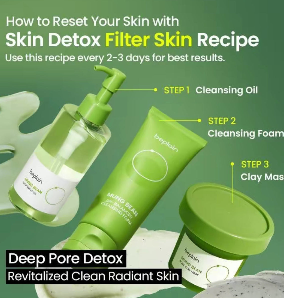 Green skincare products with step-by-step instructions on a green background