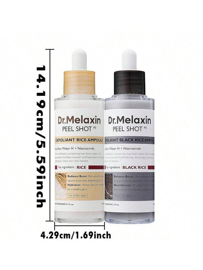 Two Dr. Melaxin skincare products with measurements on a white background