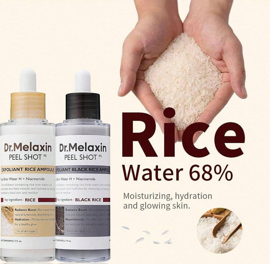 Dr. Melanax skincare products with rice water content displayed.