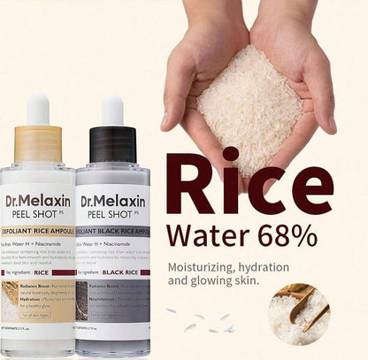Dr. Melanax skincare products with rice water content displayed.