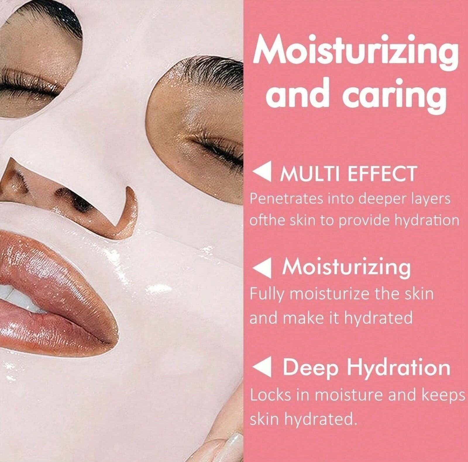 Facial mask with text highlighting moisturizing and caring effects on a white background