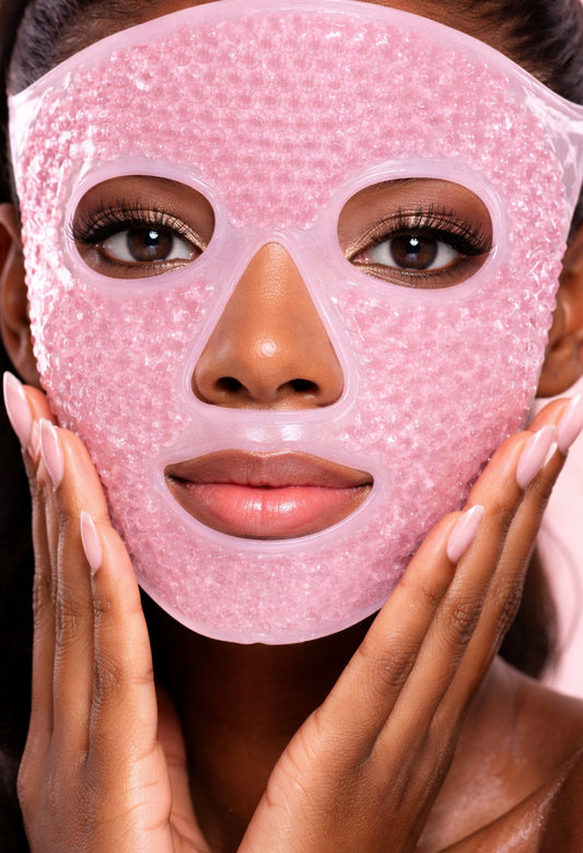 Woman wearing a pink face mask with her hands on her cheeks against a pink background