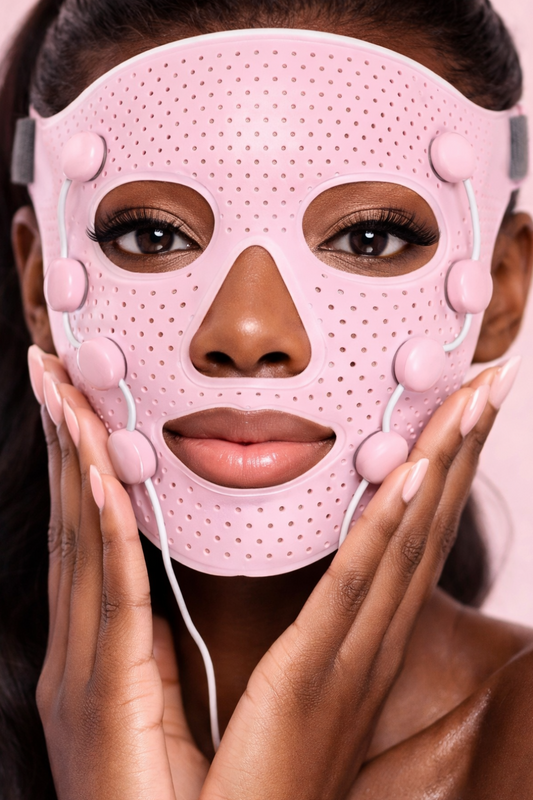 Person wearing a pink face ems face sliming mask with visible branding on a plain background
