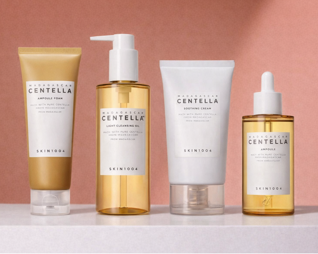 Four Centella SKIN 1004 skincare products from the brand 'Skinceed' on a pink background