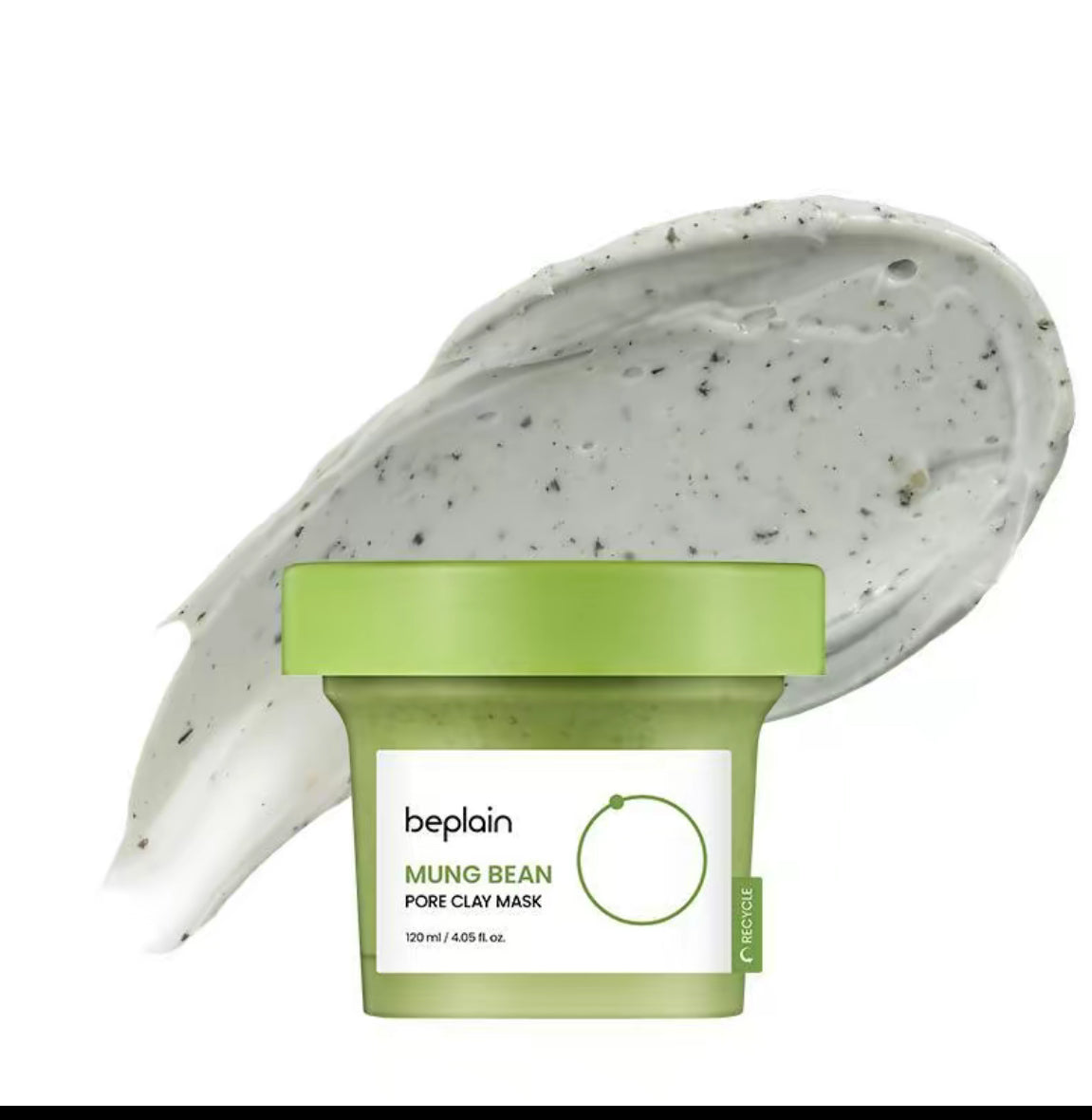 Beplain mung bean pore clay mask with a spoonful of mask on a white background