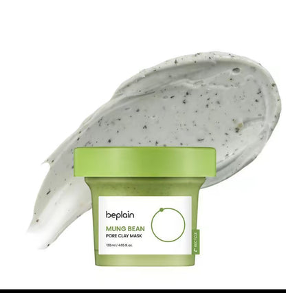 Beplain mung bean pore clay mask with a spoonful of mask on a white background