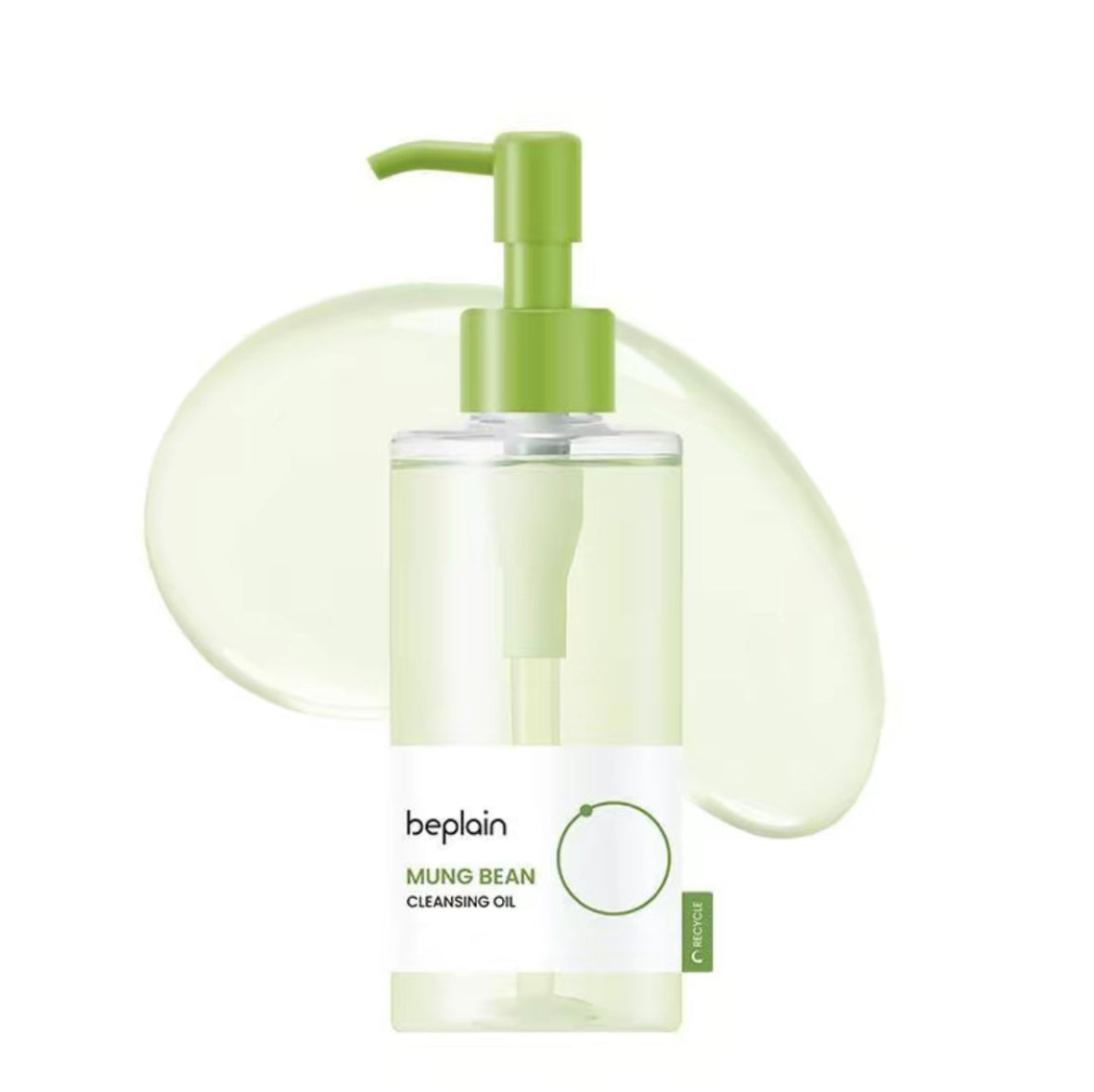 Beplain mung bean cleansing oil bottle with green pump on a white background