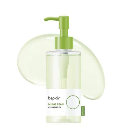 Beplain mung bean cleansing oil bottle with green pump on a white background