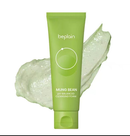 Green tube of beplain Mung Bean Cleansing Foam with foam on a white background